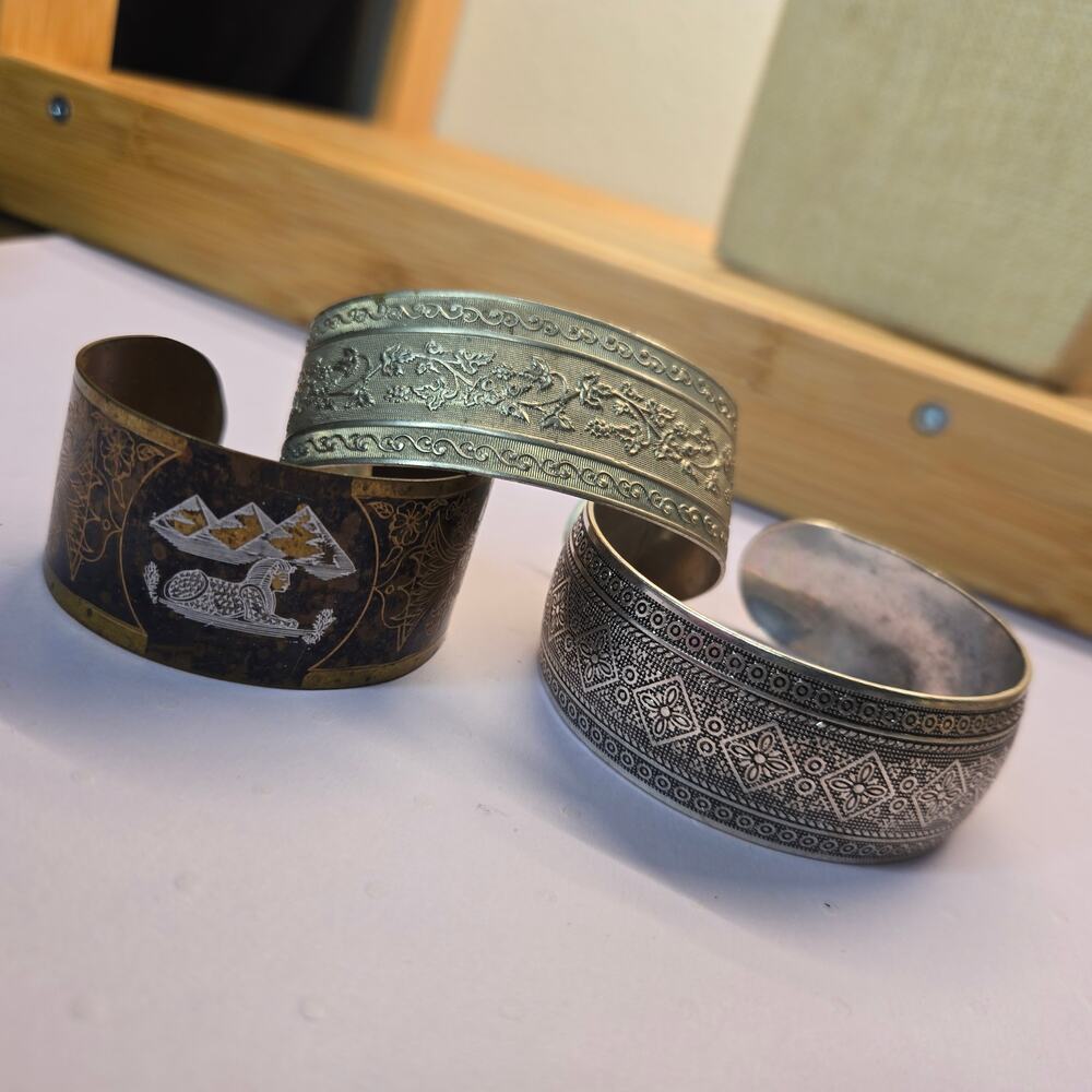Vintage Mixed Metal Cuff Bracelet Lot 3pc Stack Damascene Etched Boho